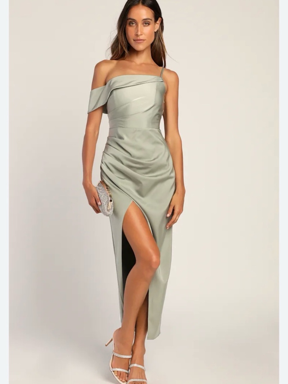 Sage One-Shoulder Asymmetrical Slit Evening Dress